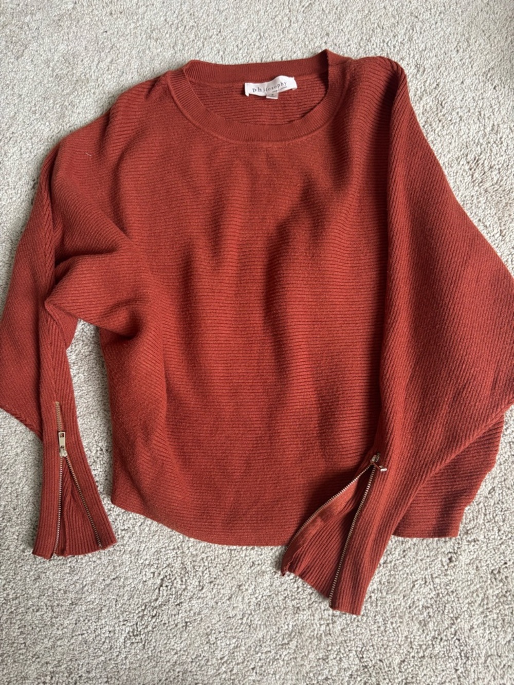 Philosophy Rust-Orange Crewneck Sweater with Sleeve Zippers